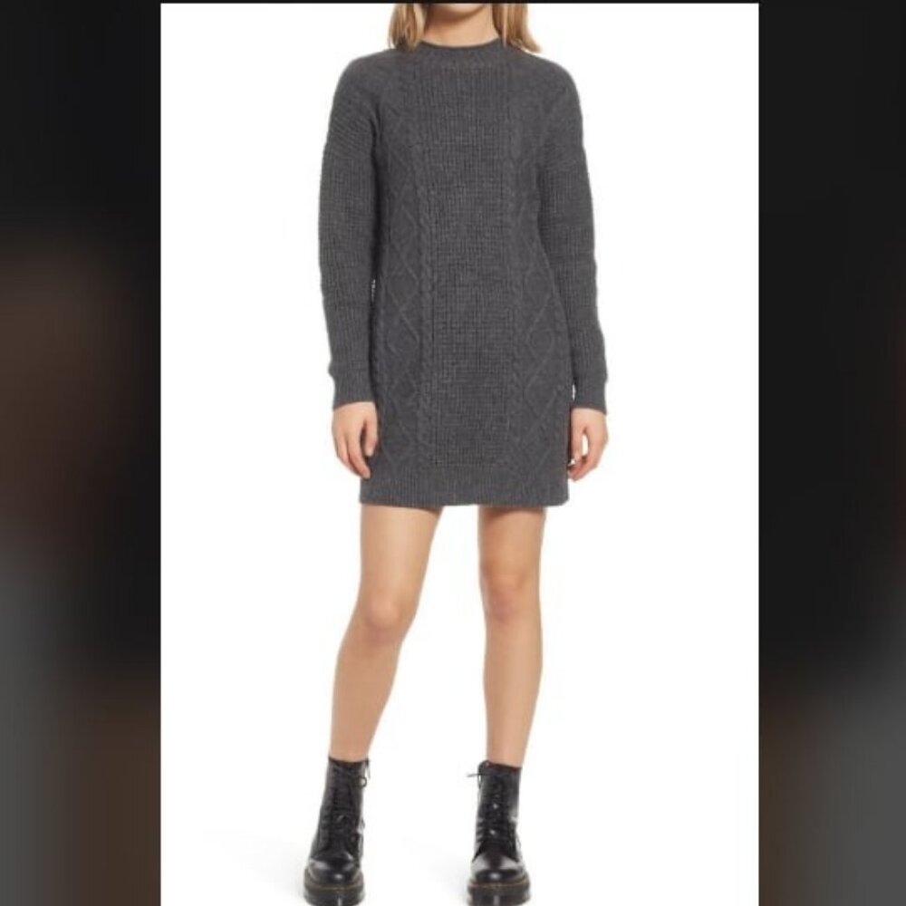 Nordstrom BP Cable Knit Waffle Weave Tunic Mini Sweater Dress Charcoal XS